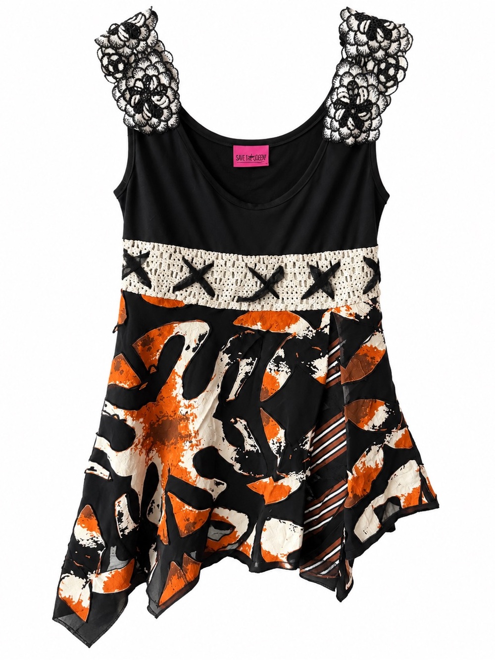 Save The Queen Black, Orange & Cream Top new without tags